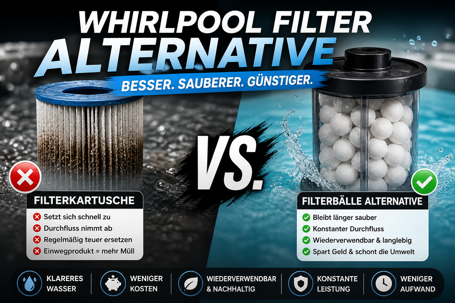 Vergleich Whirlpool Filterkartusche und Filterbälle Alternative mit Vorteilen wie konstantem Durchfluss, Wiederverwendbarkeit und klarerem Wasser