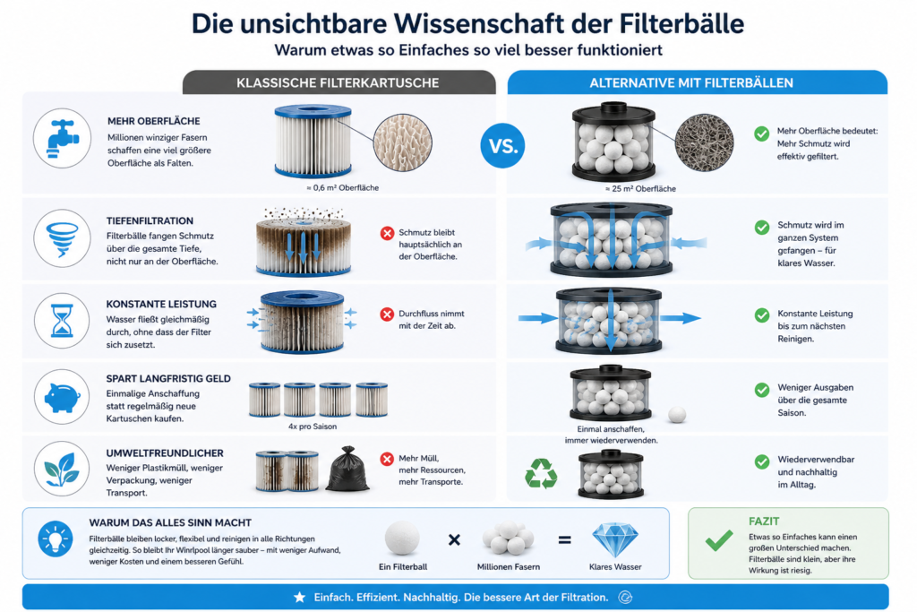 Infografik zur Wirkung von Filterbällen im Whirlpool im Vergleich zur Filterkartusche mit Darstellung von Oberfläche, Tiefenfiltration und konstantem Wasserdurchfluss