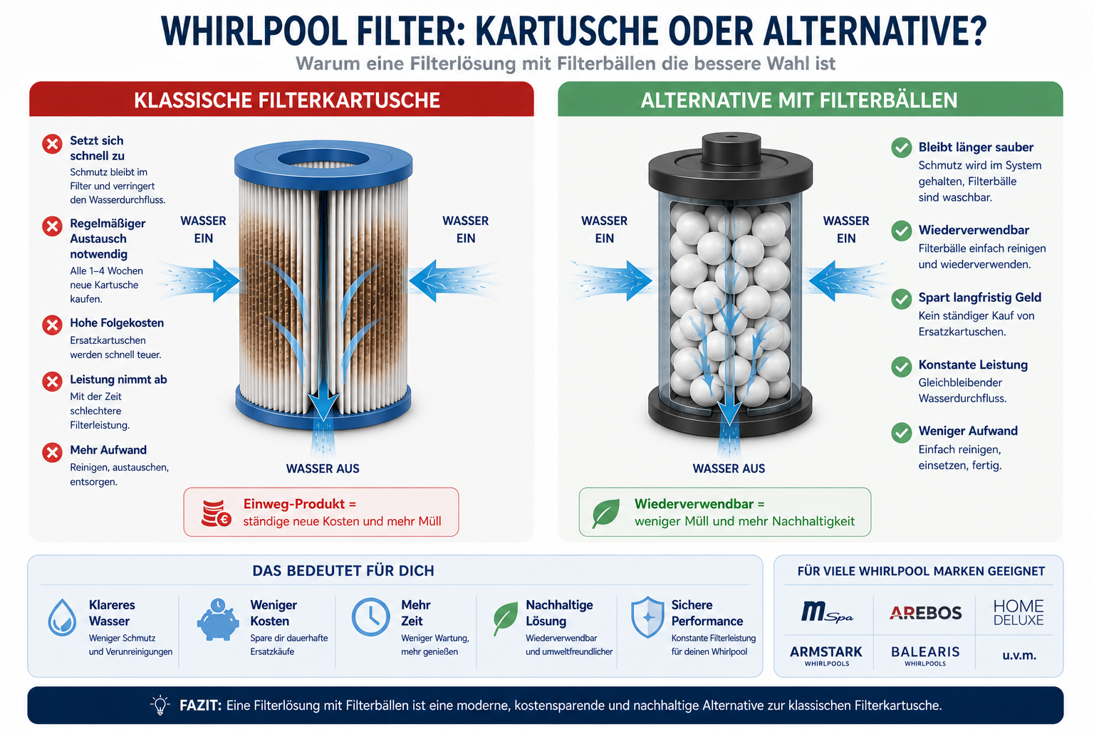 Vergleich Whirlpool Filterkartusche und Filterbälle Alternative mit Darstellung des Wasserflusses und der Vorteile wiederverwendbarer Filter