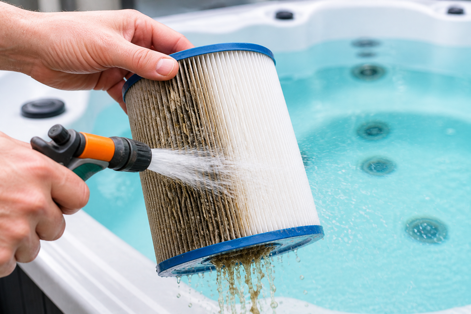 Whirlpool Filter wird mit Wasser gereinigt um Schmutz und Ablagerungen zu entfernen