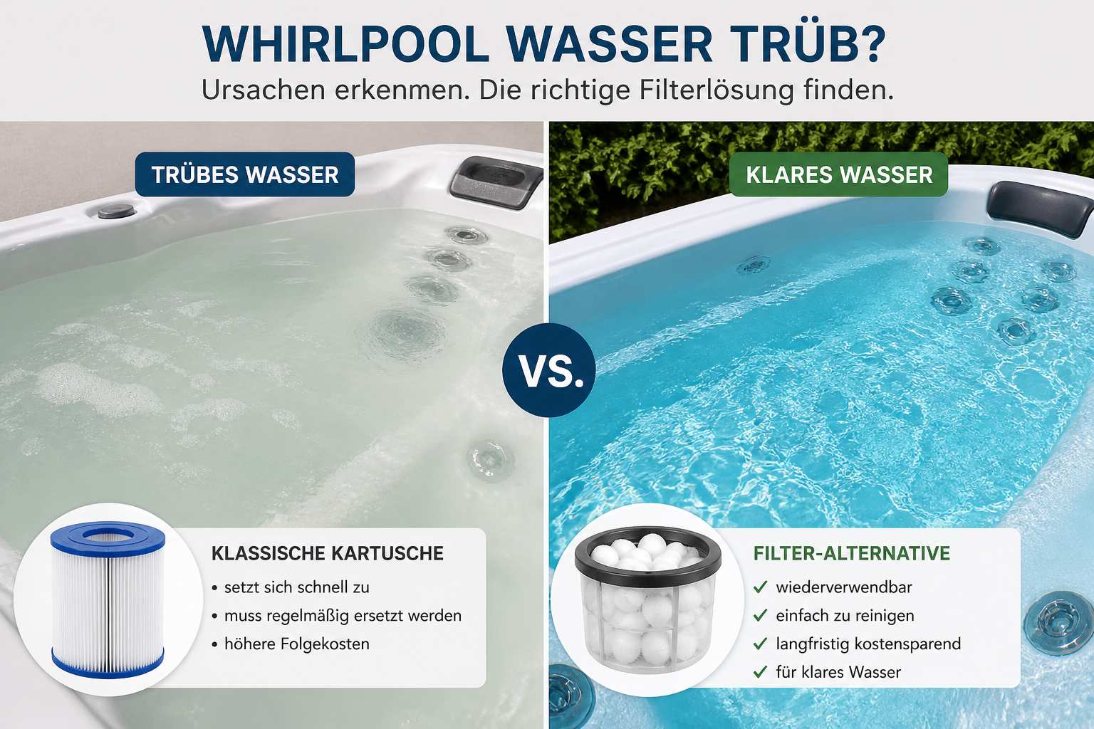 Trübes Whirlpool Wasser im Vergleich zu klarem Wasser mit moderner Filter Alternative